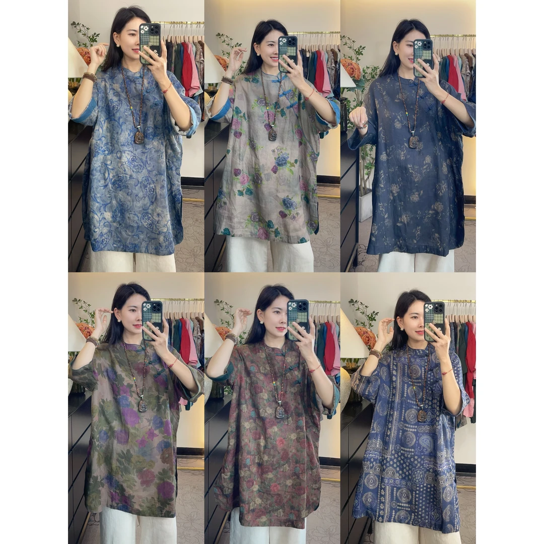 花汐语【花影】高品质苎麻新中式盘扣优雅女人风格中长款苎麻衬衫