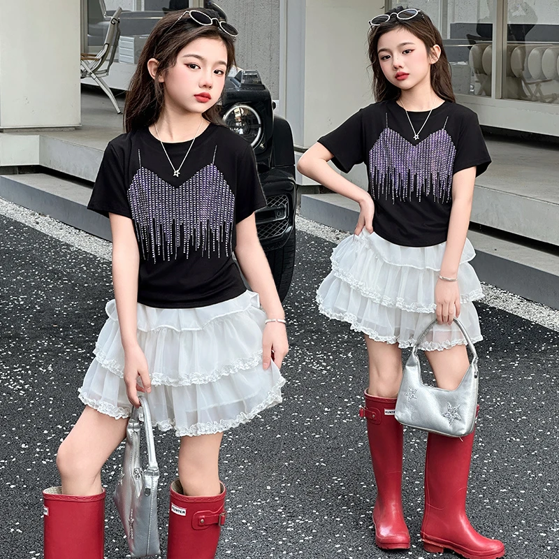 女童夏装短袖套装2025新款大童洋气时髦t恤儿童夏季蛋糕裙两件套