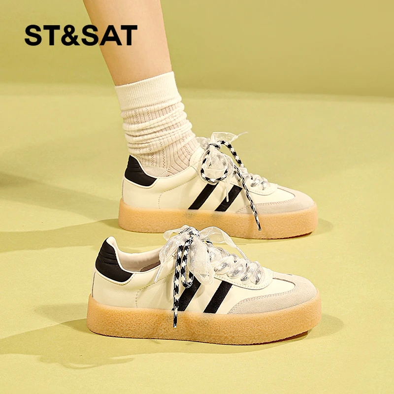 星期六女鞋德训鞋女复古2025春季新款真皮小白运动板鞋