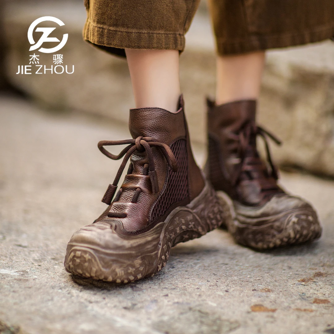 杰骤春夏丑萌大头镂空罗马凉靴牛皮系带松糕短靴女真皮厚底马丁靴