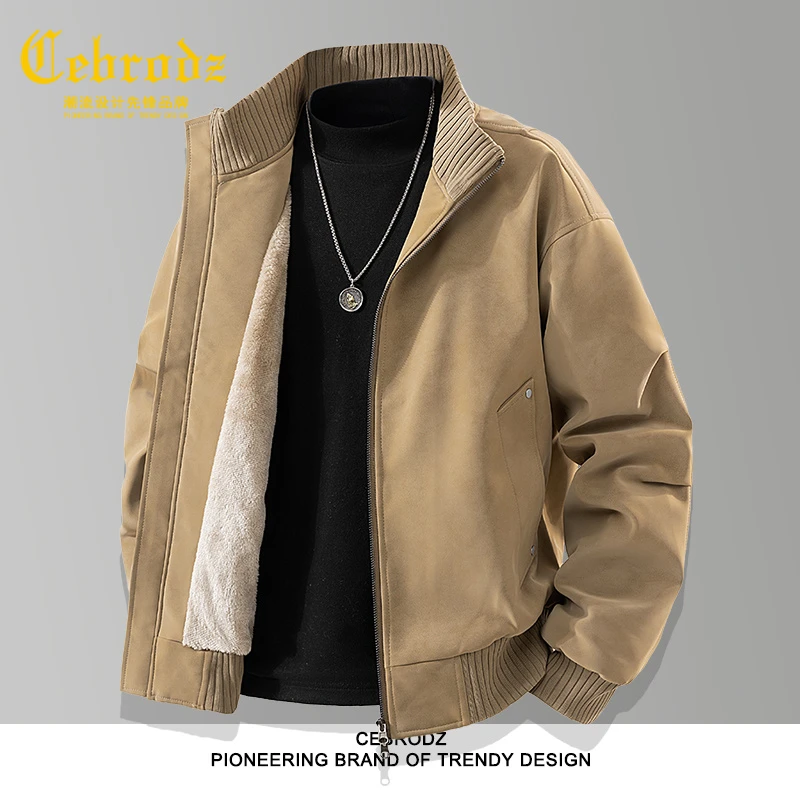 法国Cebrodz加绒加厚复古立领高级感痞帅皮夹克皮衣外套男秋冬季