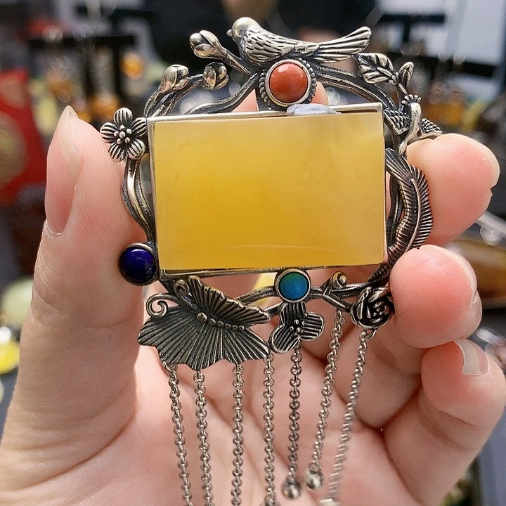 琥珀裸石银S925镶嵌坠