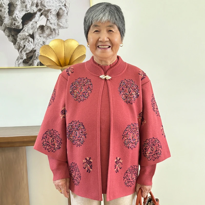 奶奶装秋装女气质针织毛衣两件套中老年妈妈装秋冬宽松气质外套