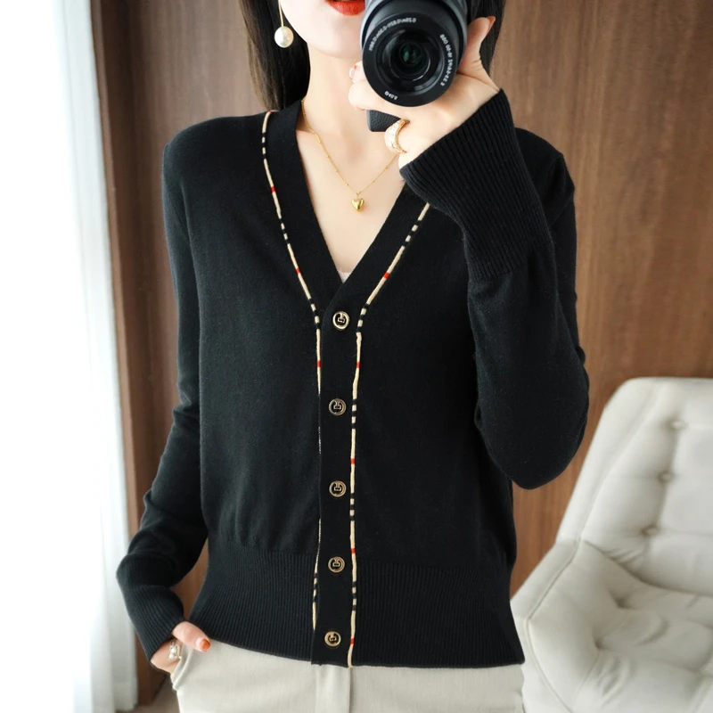 （A304）精纺羊毛格子线开衫