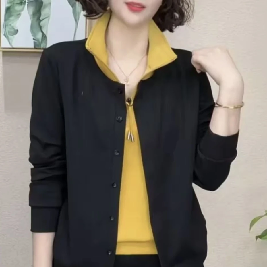 2025秋季新款撞色拼接开衫假两件百搭休闲卫衣女宽松纯色套头上衣