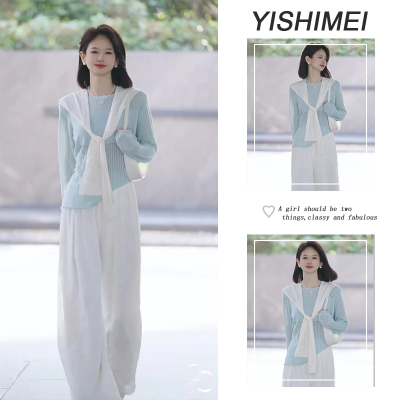 入夏穿搭新款套装女2025设计感披肩罩衫宽松休闲裤三件套