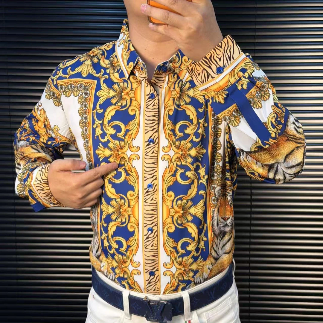 FLD秋季新款高品质欧货桑蚕丝无缝弹力烫钻狮子图印花衬衣6115