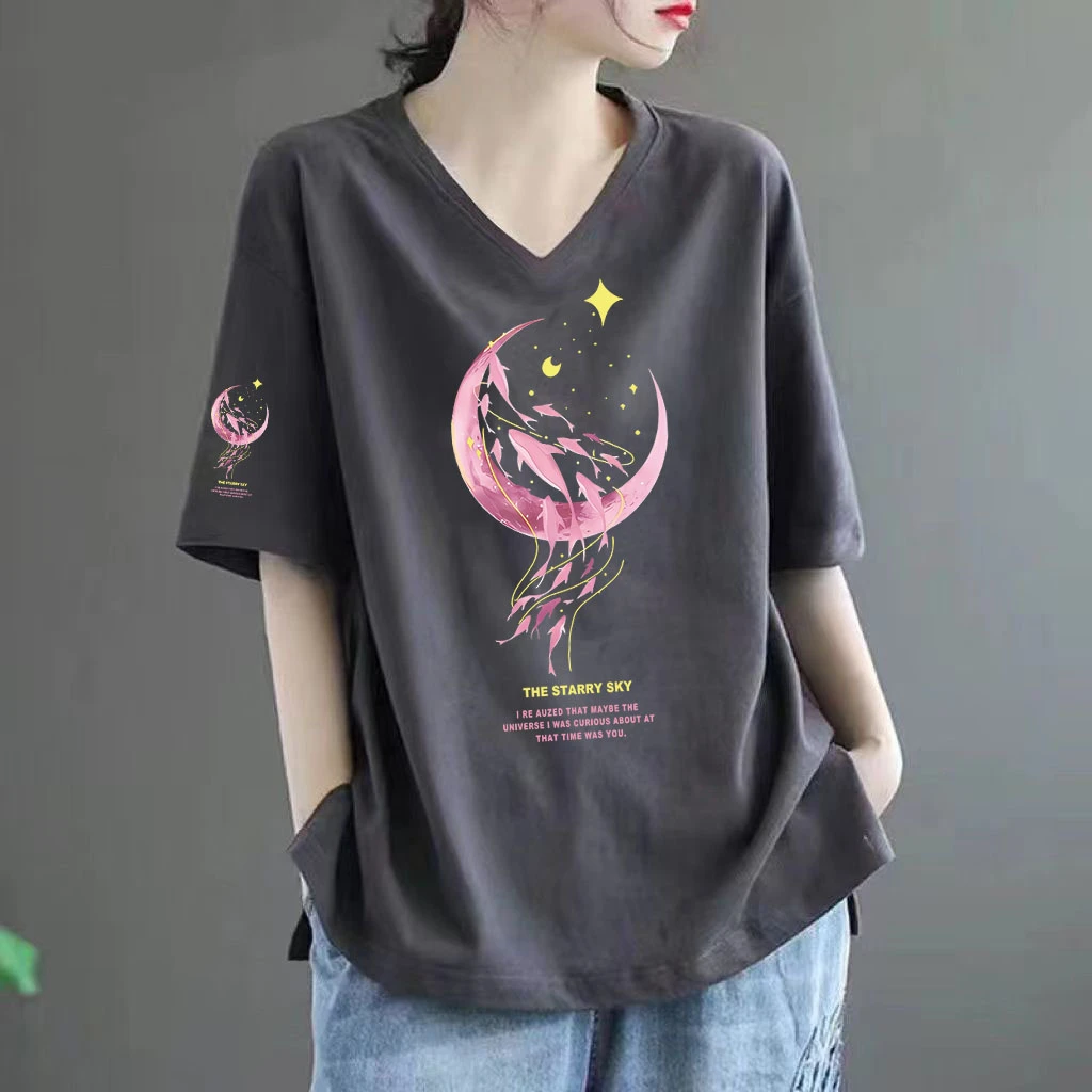 夏季V领100%纯棉短袖上衣女2025新款设计感洋气打底衫别致薄款t恤