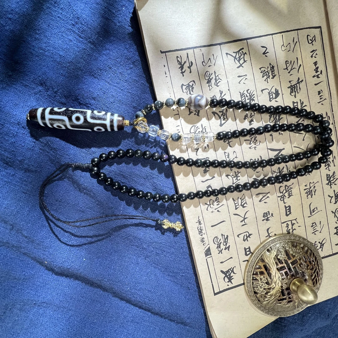 扶摇臻选 | 九眼玛瑙竖款银曜石配链