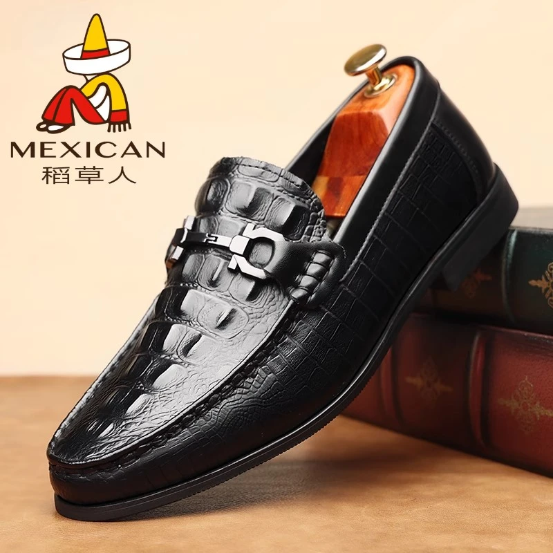 轻软真皮豆豆鞋鳄鱼纹男式皮鞋商务休闲红底乐福鞋男士百搭皮鞋