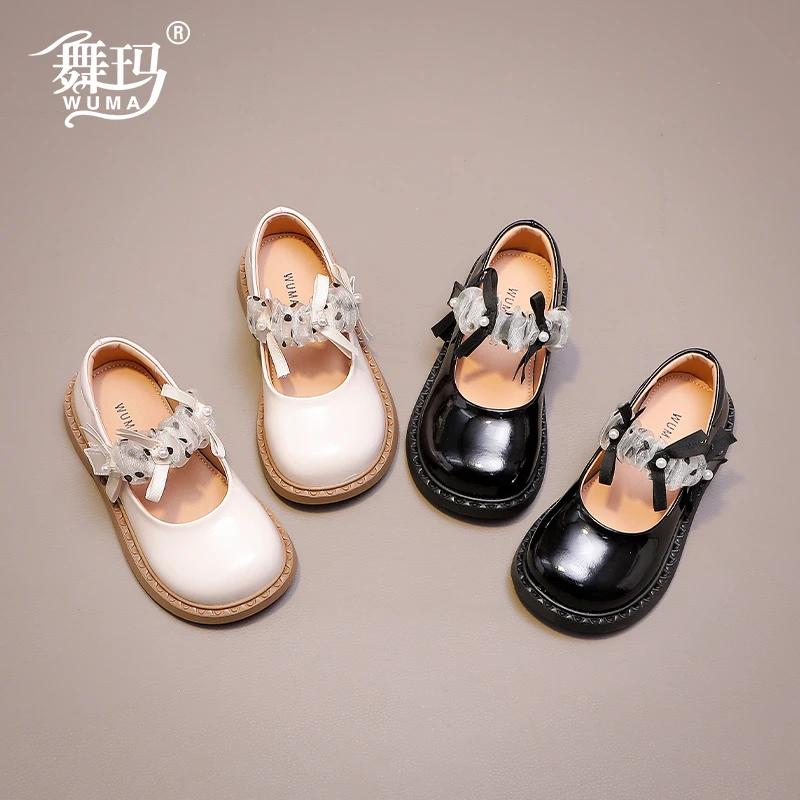 舞玛女童鞋子儿童皮鞋2025新款春秋季黑色单鞋珍珠公主鞋子538385