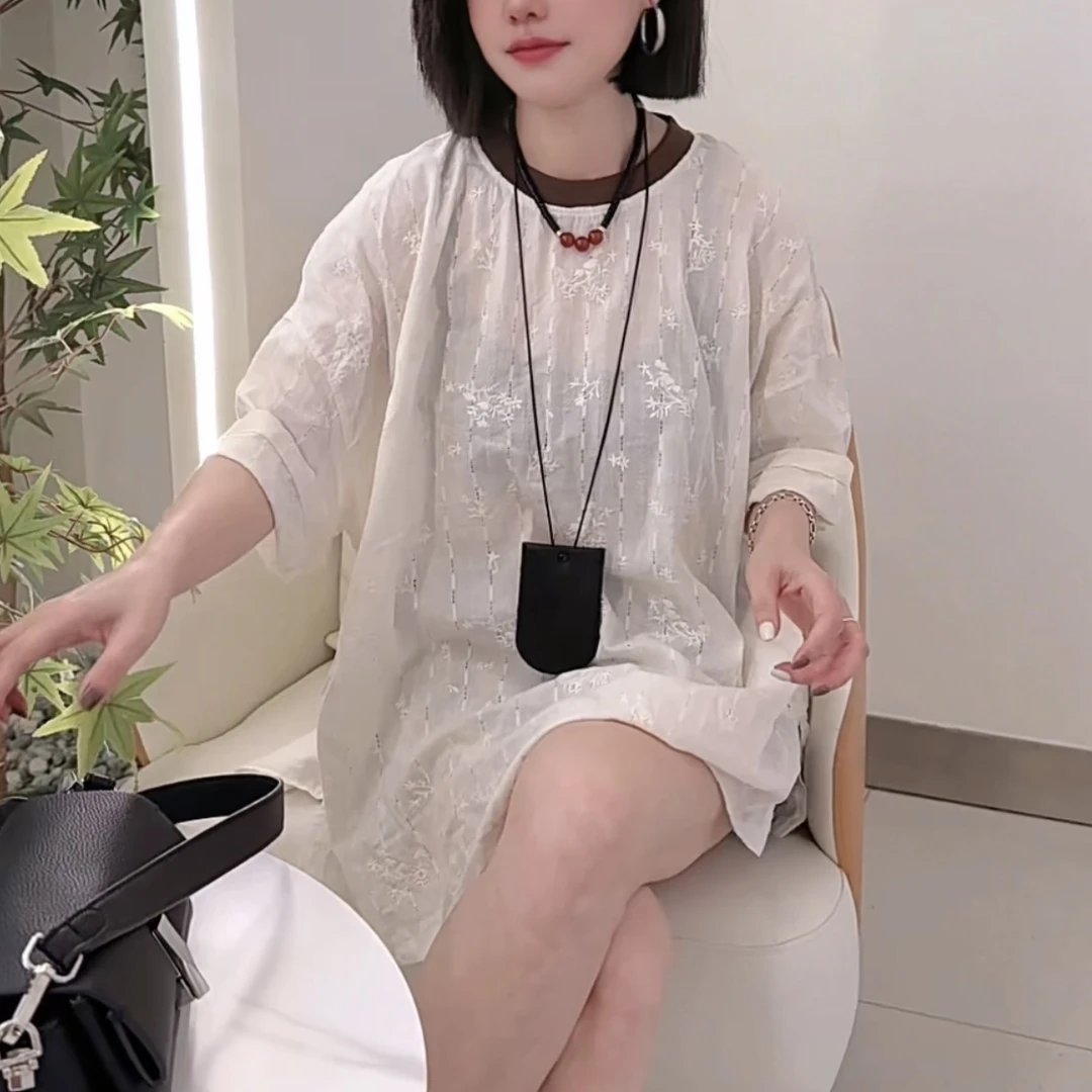 夏季新款欧版洋气重工老钱风麻料领口撞色圆领短袖上衣1631