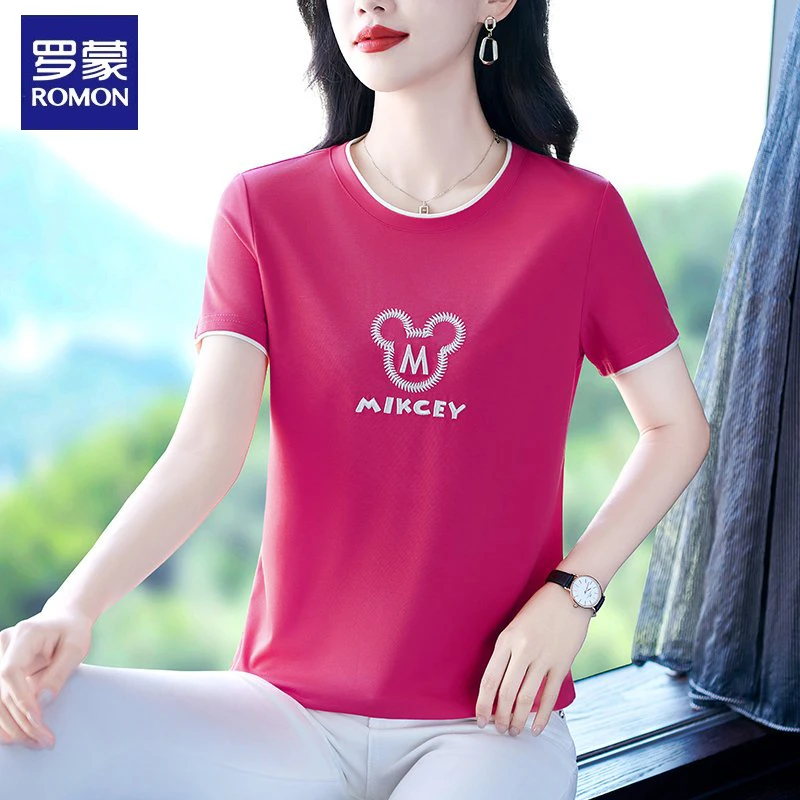 罗蒙夏装冰丝短袖t恤女2025年新款中年女士减龄休闲圆领夏季上衣