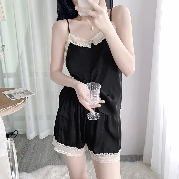 带胸垫新款睡衣女夏季冰丝性感吊带短裤套装带胸垫夏天薄款家居服