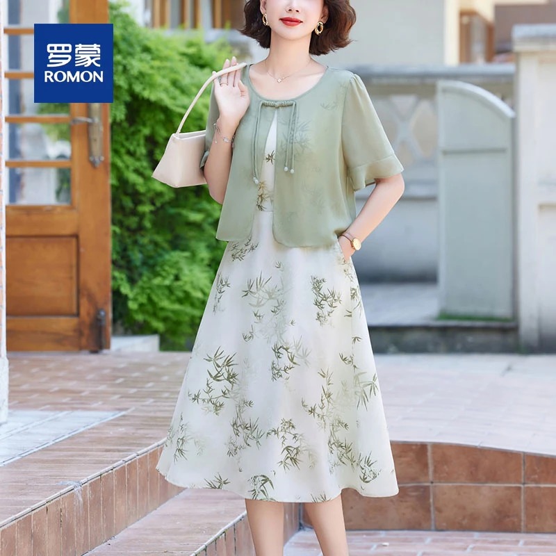 罗蒙妈妈夏装连衣裙洋气新款中老年女装新中式国风假两件雪纺裙子