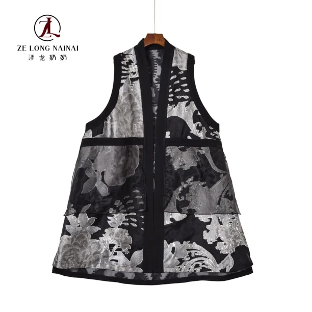 28033新款春夏休闲复古宽松无袖国潮拼接长马甲