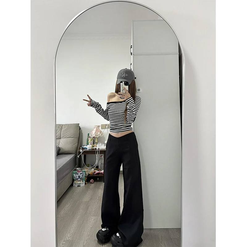 上衣女辣妹短款打底衫长袖T恤一字领斜肩条纹早春新款别致小衫