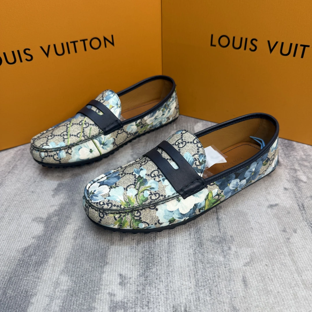 95新 GUCCI/古驰 蓝色双G满印花卉限定款豆豆鞋/41欧