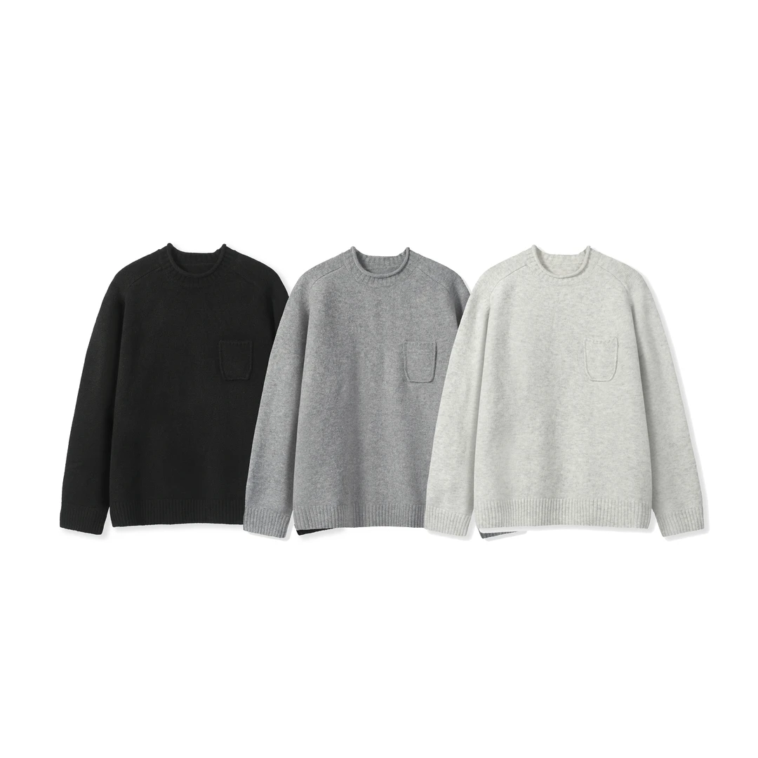 苏大恒秋冬韩版羊毛混纺针织基础款纯色口袋设计宽松百搭圆领毛衣