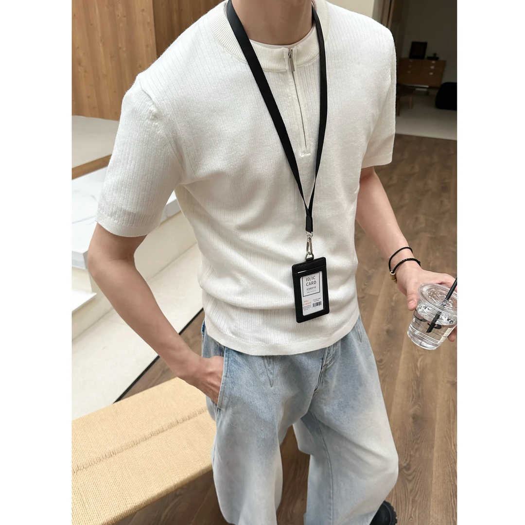 cleanfit针织圆领短袖男款t恤半拉链T恤潮牌痞帅纯色休闲半截袖