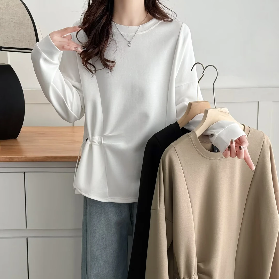 大码女装2025春装新款时尚剪裁抽绳收腰圆领长袖上衣宽松纯色T恤