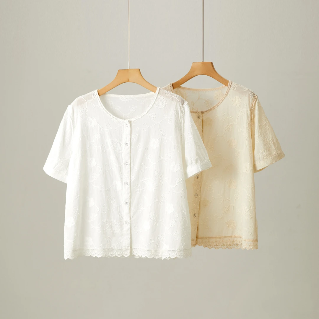 全棉精梳棉重工刺绣宽松衬衫女夏季韩版气质百搭圆领短袖衬衣