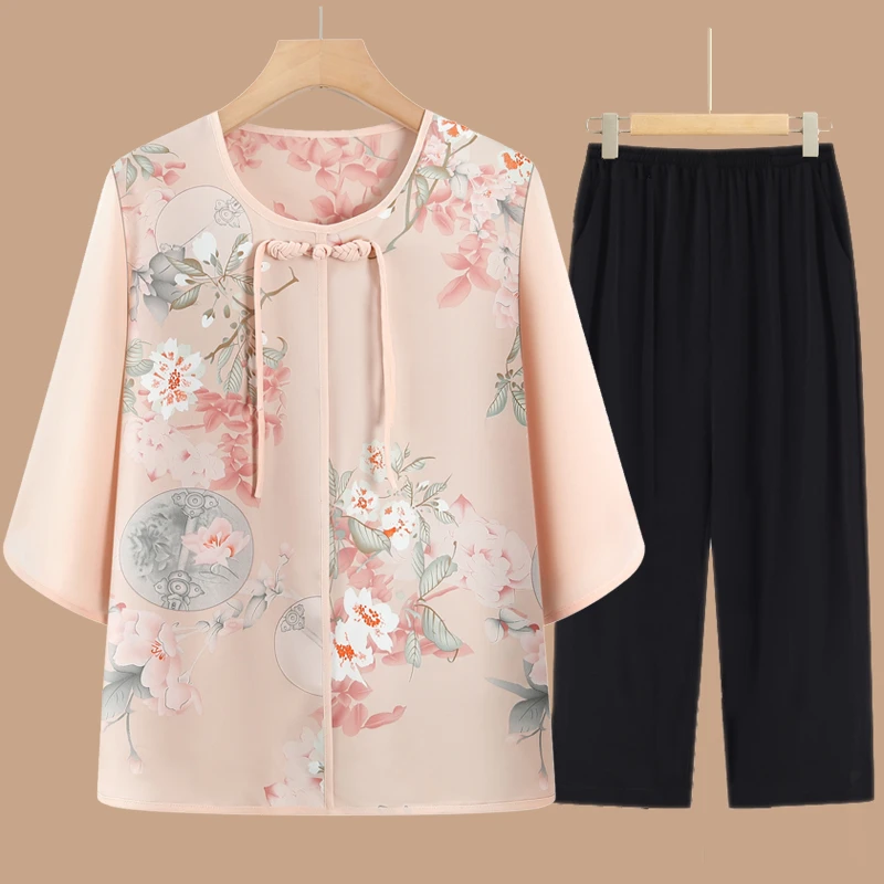 母亲节推荐】新中式国风妈妈夏装雪纺恤中老年人女洋气奶奶衣服