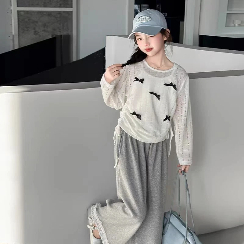 女童夏秋装2025新款女大童慵懒风镂空上衣儿童洋气花边裤套装