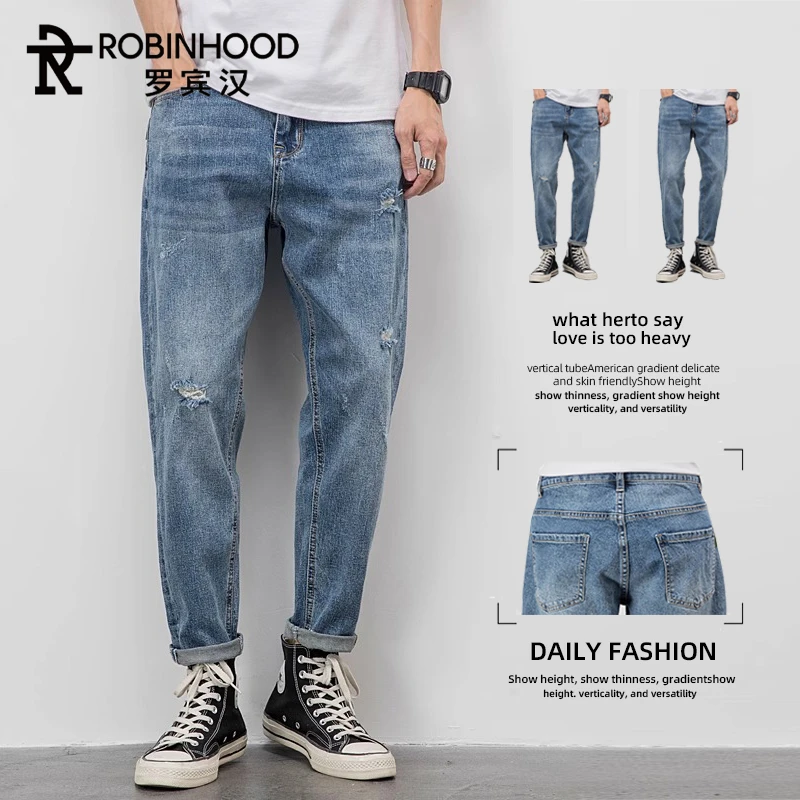 罗宾汉美式破洞牛仔裤男士复古潮流宽松直筒锥形九分裤子夏季薄款