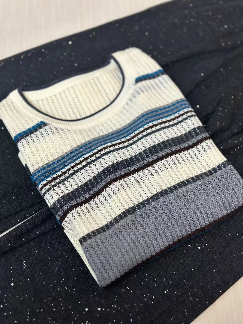 撞色圆领条纹撞色透气微镂空针织套头81509