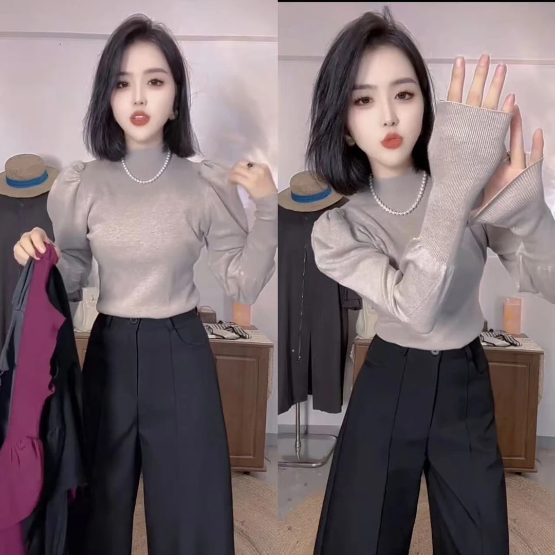 2025新款显瘦长袖毛衣气质洋气半高领泡泡袖时尚百搭秋冬针织