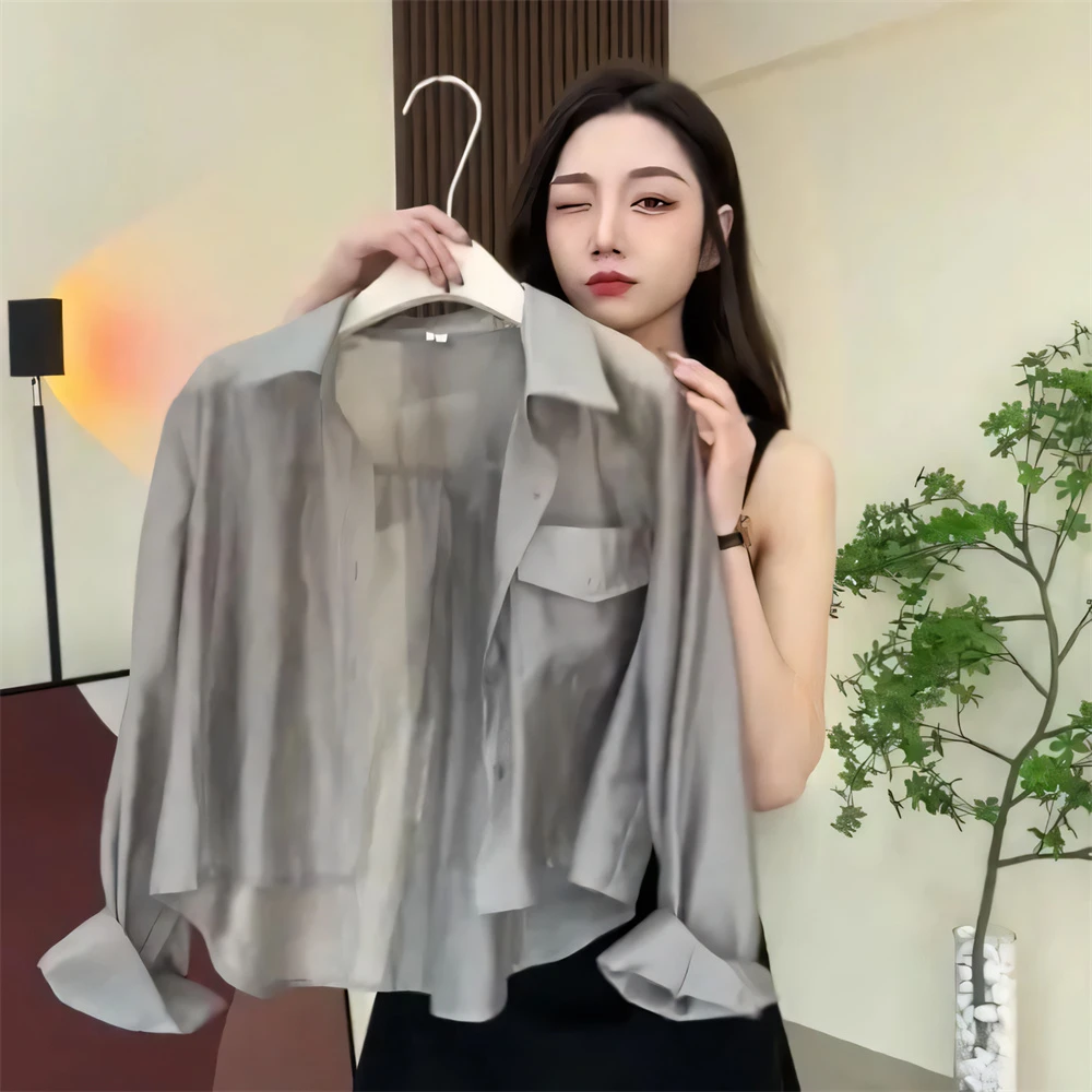 法式辣妹网红炸街休闲女夏长袖防晒衬衫薄款防晒衣女外穿短款衬衫