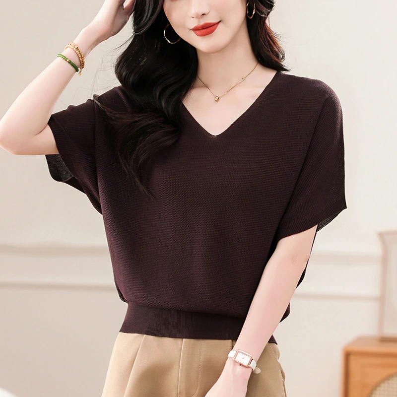 蝙蝠袖上衣高级感夏季V领短袖t恤好看漂亮宽松女装2025年新款小衫