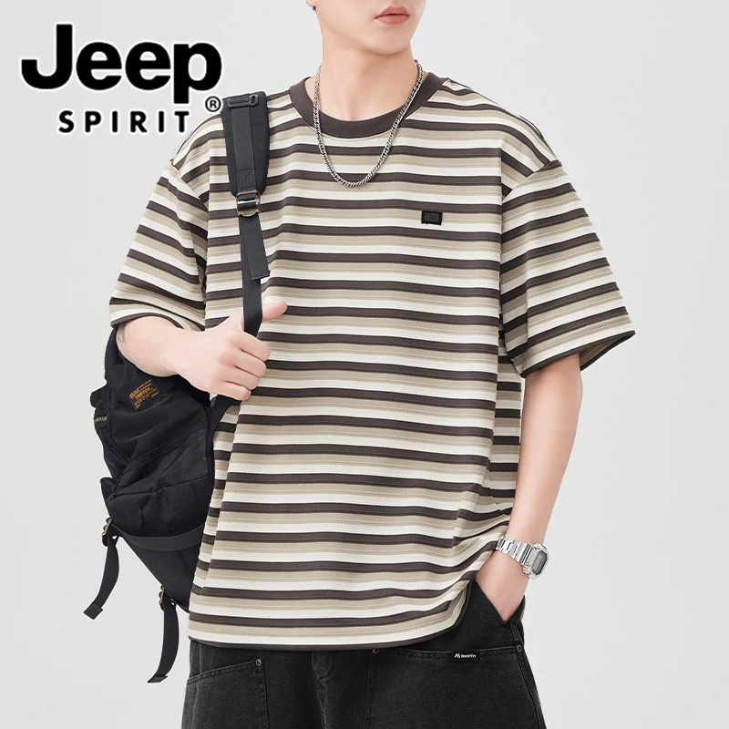 JEEP SPIRIT 吉普2025夏季新款条纹短袖T恤男士薄款宽松透气上衣