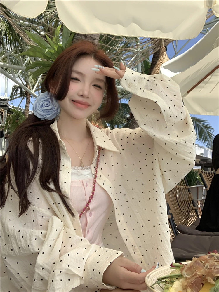 港风chic超好看显瘦波点衬衫女春秋薄款宽松气质休闲百搭韩版开衫