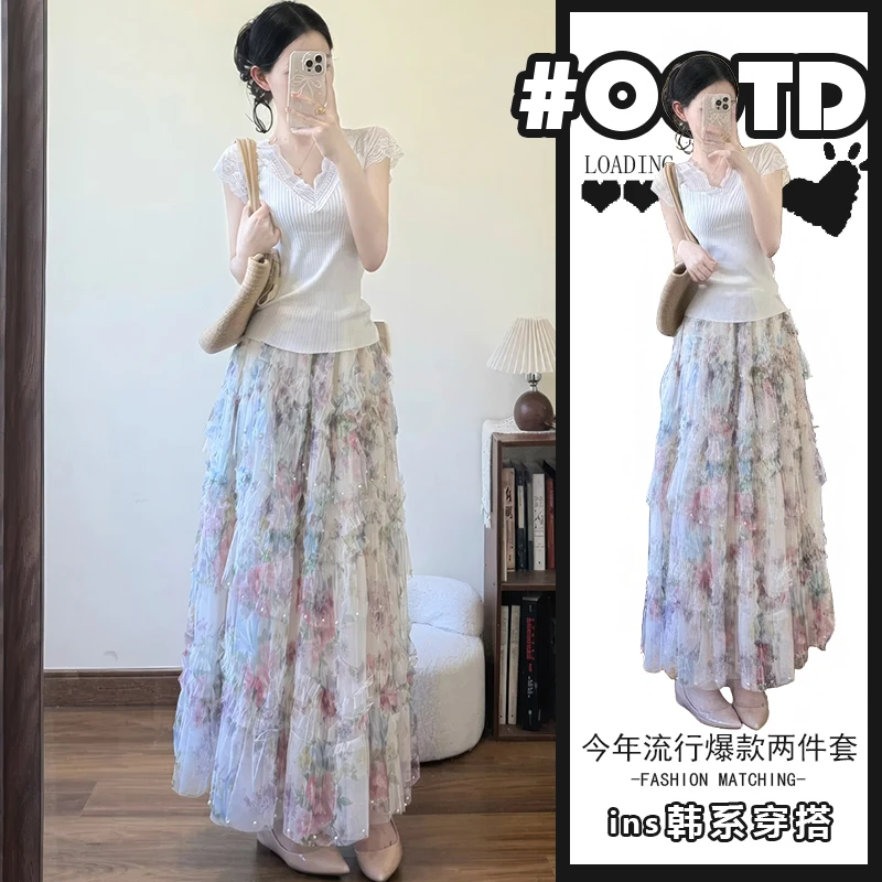 独特别致套装女夏季新款蕾丝V领短袖上衣荷叶边显瘦半身裙两件套