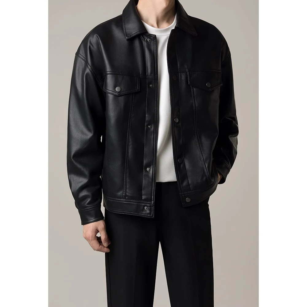 男士痞帅高级感男装机车短款皮衣外套男春秋新款潮流宽