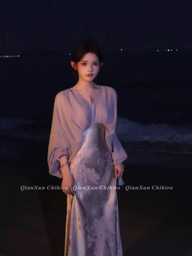 718夏季新款简约新中式国风假两件拼接收腰显瘦包臀长袖连衣裙