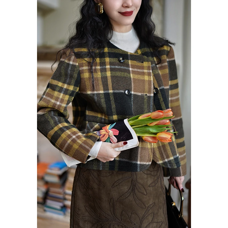 Chings 法式格纹双面呢大衣女 复古百搭格子毛呢夹克保暖外套秋冬