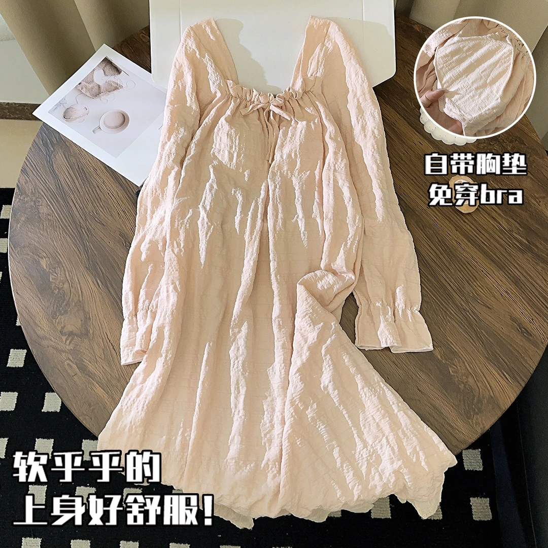 梭织棉睡裙女春秋季长袖带胸垫一体式甜美少女可外穿睡衣家居服冬