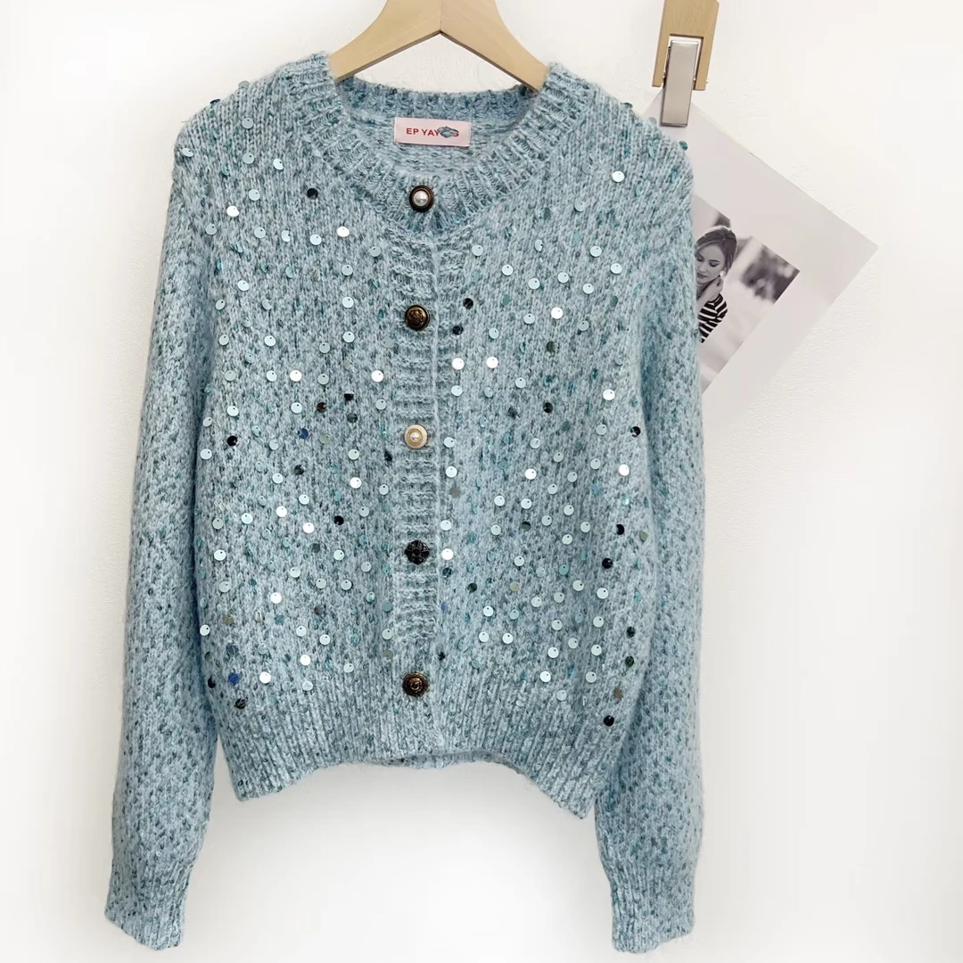 《猪猪出品》天蓝色针织衫软糯针织开衫毛衣亮片女装轻奢设计师