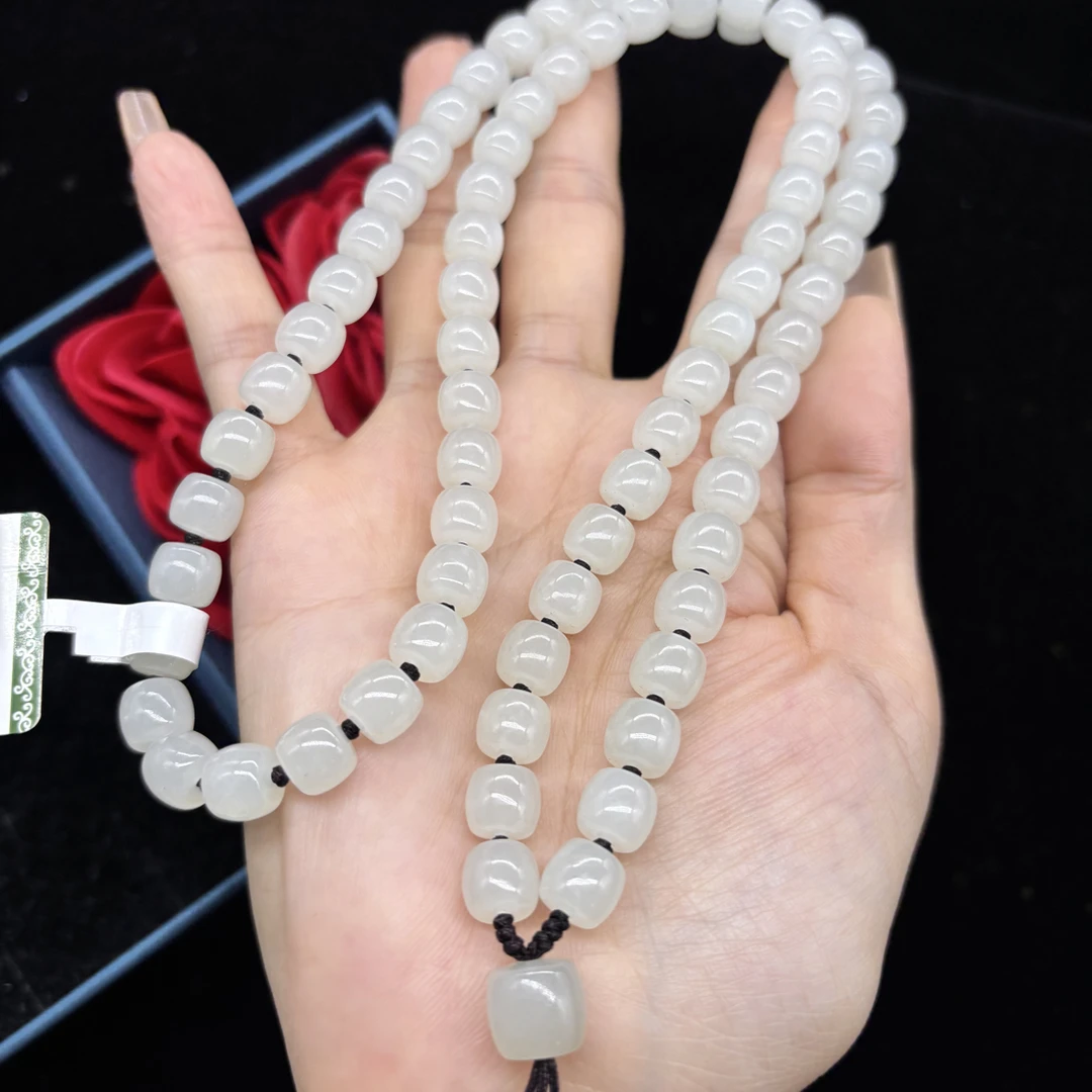高档天然羊脂白玉和田玉直切桶珠8mm玉石挂件绳项链长款珠链百搭