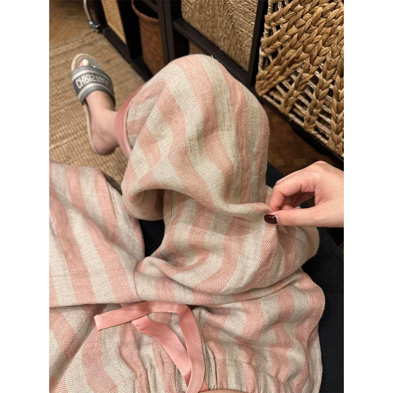 粉色条纹阔腿裤女夏季薄款2025新款高腰垂感防晒裤子慵懒风山本裤
