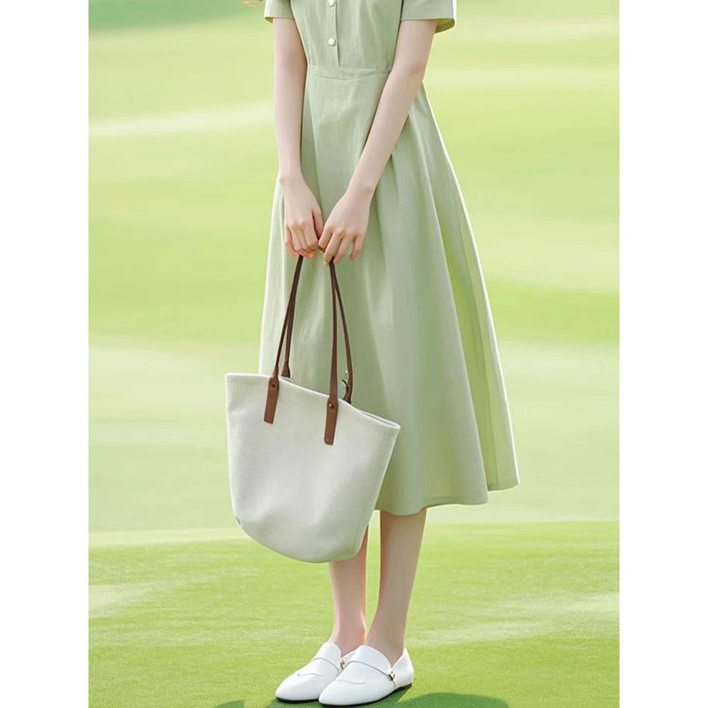 法式端庄大气小个子显高时尚海边度假绿色连衣裙子女夏季白月光