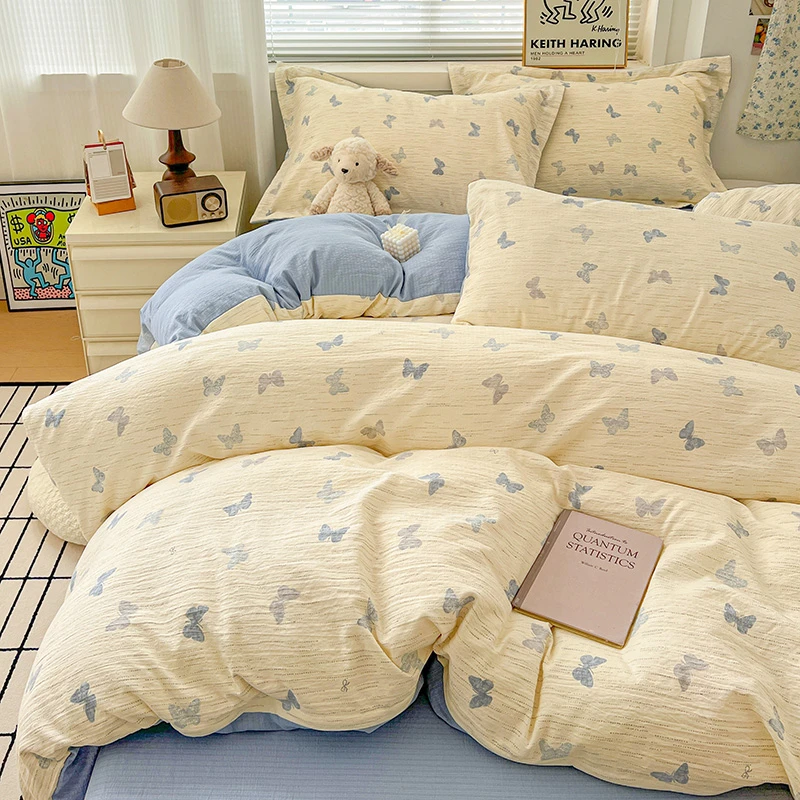 皱皱双层纱四件套秋冬款母婴级双人三件套被套针织双层纱四件套