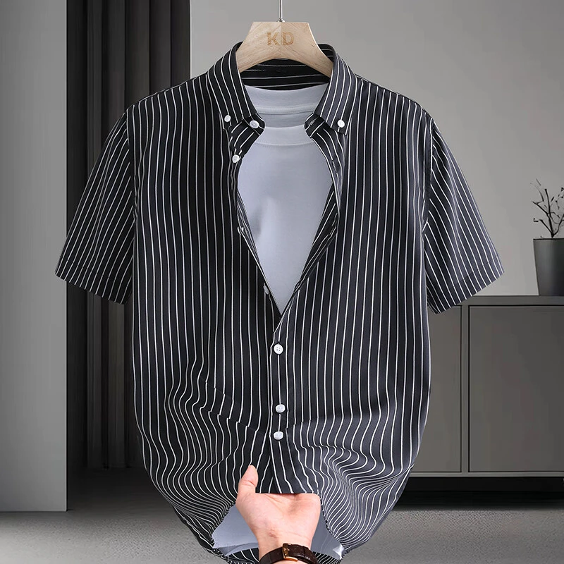 冰丝新款条纹短袖衬衫男士夏季半袖翻领衬衣休闲百搭男装上衣服
