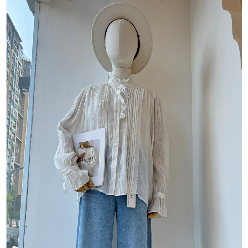 春季新款设计感法式小众蕾丝花边衬衫女高级感洋气叠穿立领衬衣女