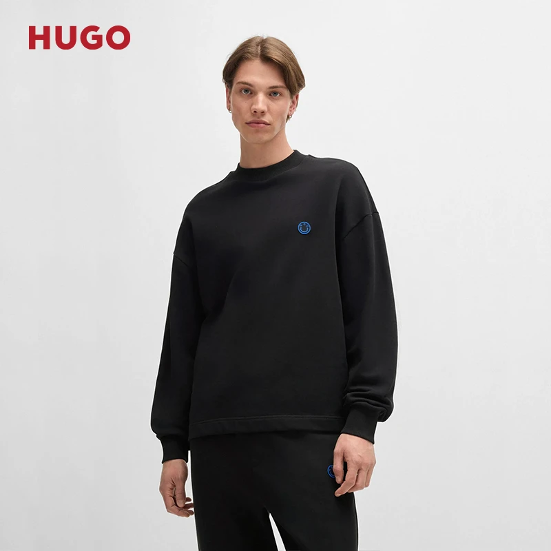 HUGO雨果男士2025春季新款笑脸徽标棉质毛圈布圆领卫衣50522371