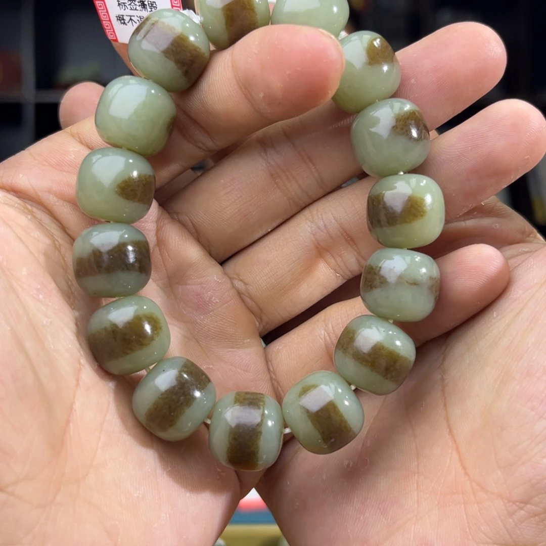 和田玉手串未镶嵌纯天然和田玉新疆且末金山料15