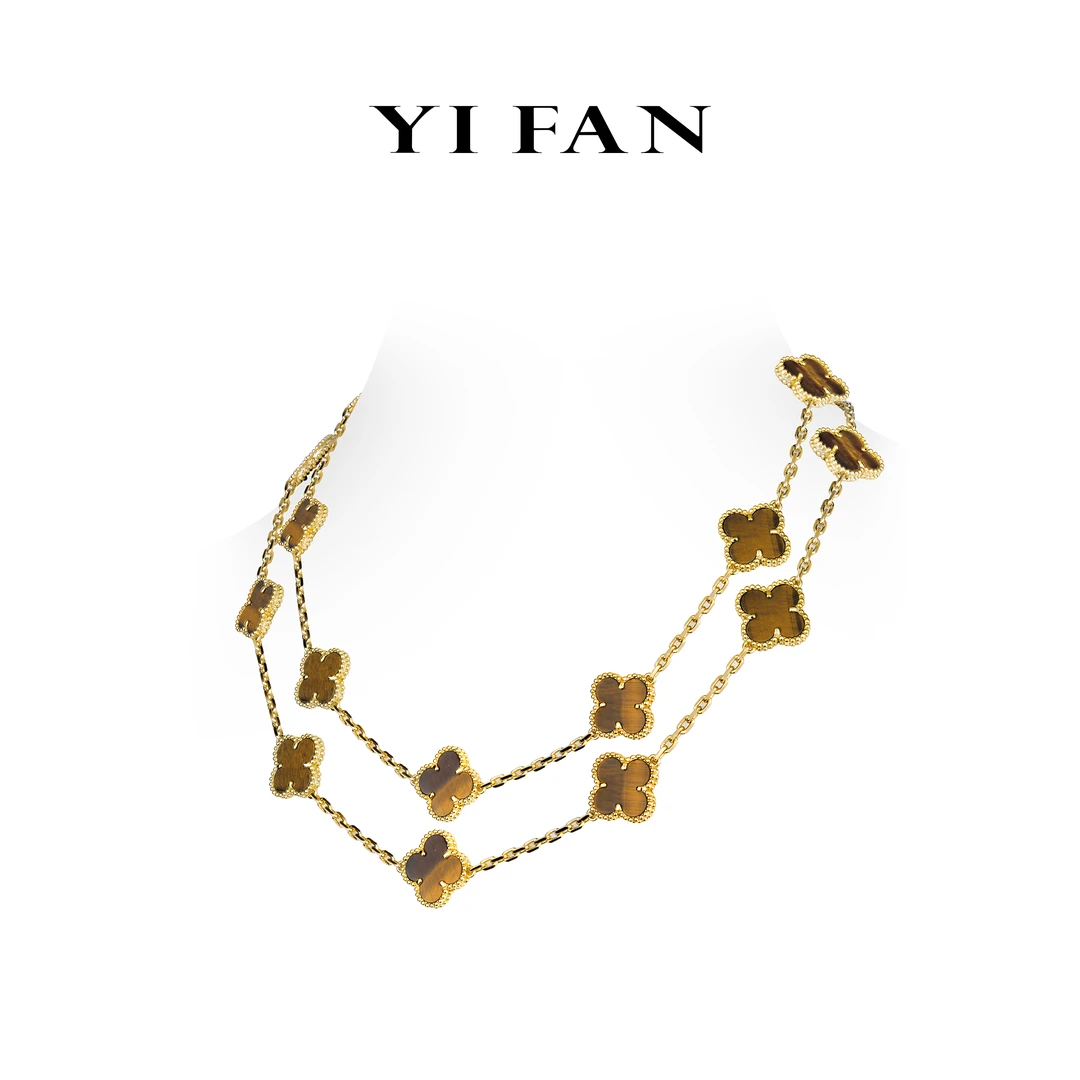 吊坠925银合成锆石 20436-金色二十花虎眼四瓣花多层百搭项链